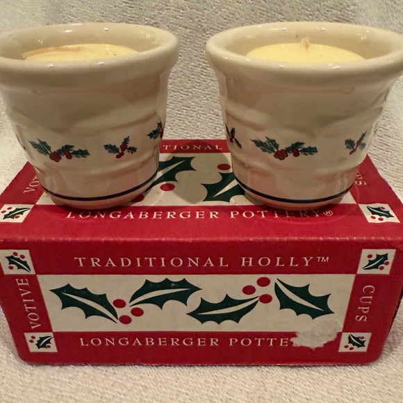 Longaberger Pottery Traditional Holly Votive Cups Candle Holders with Candles - Picture 4 of 4